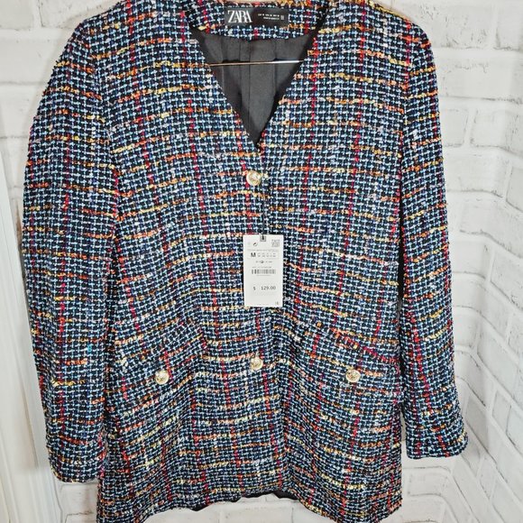 ZARA WOMEN NEW TWEED JACKET BLAZER DRESS GOLD BUTTON TEXTURED COAT 9172/192 M - Picture 2 of 5